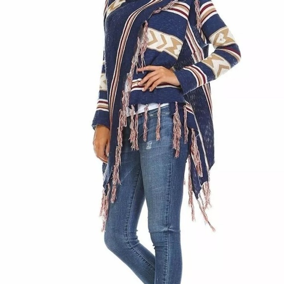 Open Front Oversized Fringe Cardigan with Cowl Button Up Navy - Picture 3 of 9
